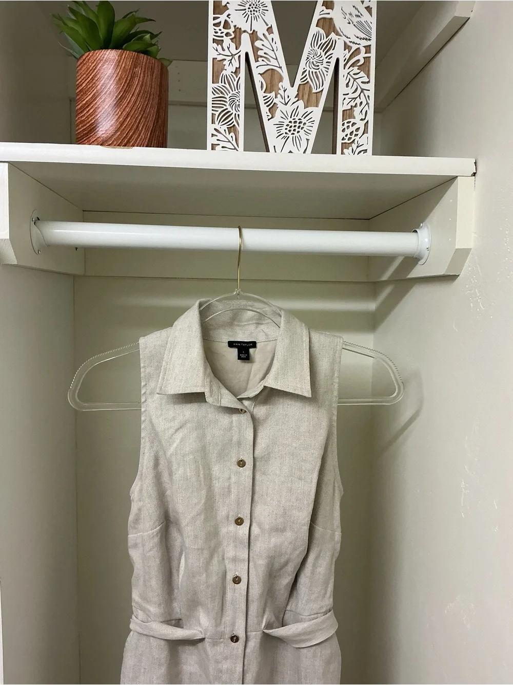 Ann Taylor Neutral Beige Sleeveless Button Front Linen Dress